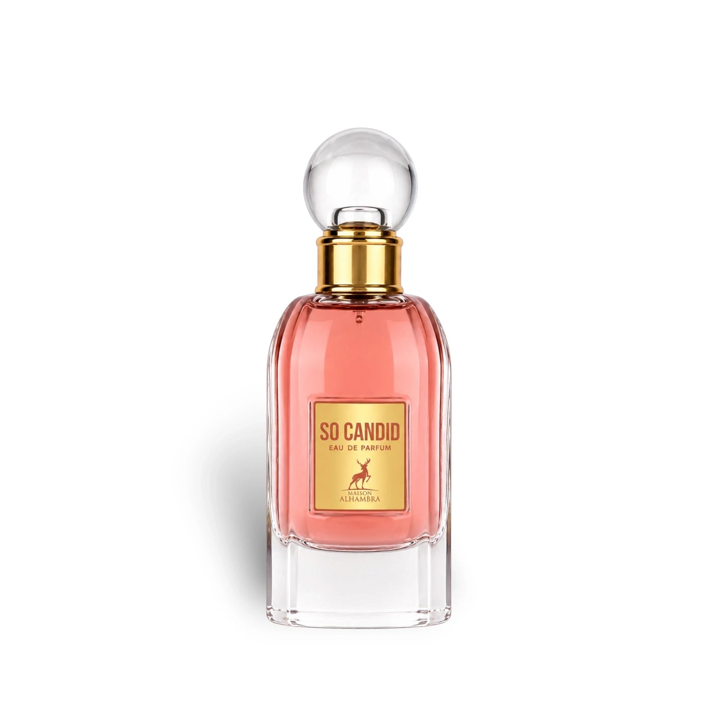 Soghaat Maison Alhambra So Candid Eau de Parfum in a clear glass bottle with pink liquid and a gold cap.