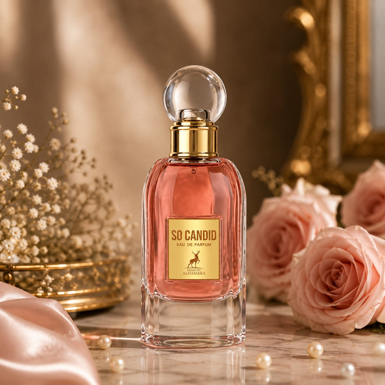 Soghaat Maison Alhambra So Candid Eau de Parfum in a glass bottle with pink liquid, surrounded by roses and pearls.