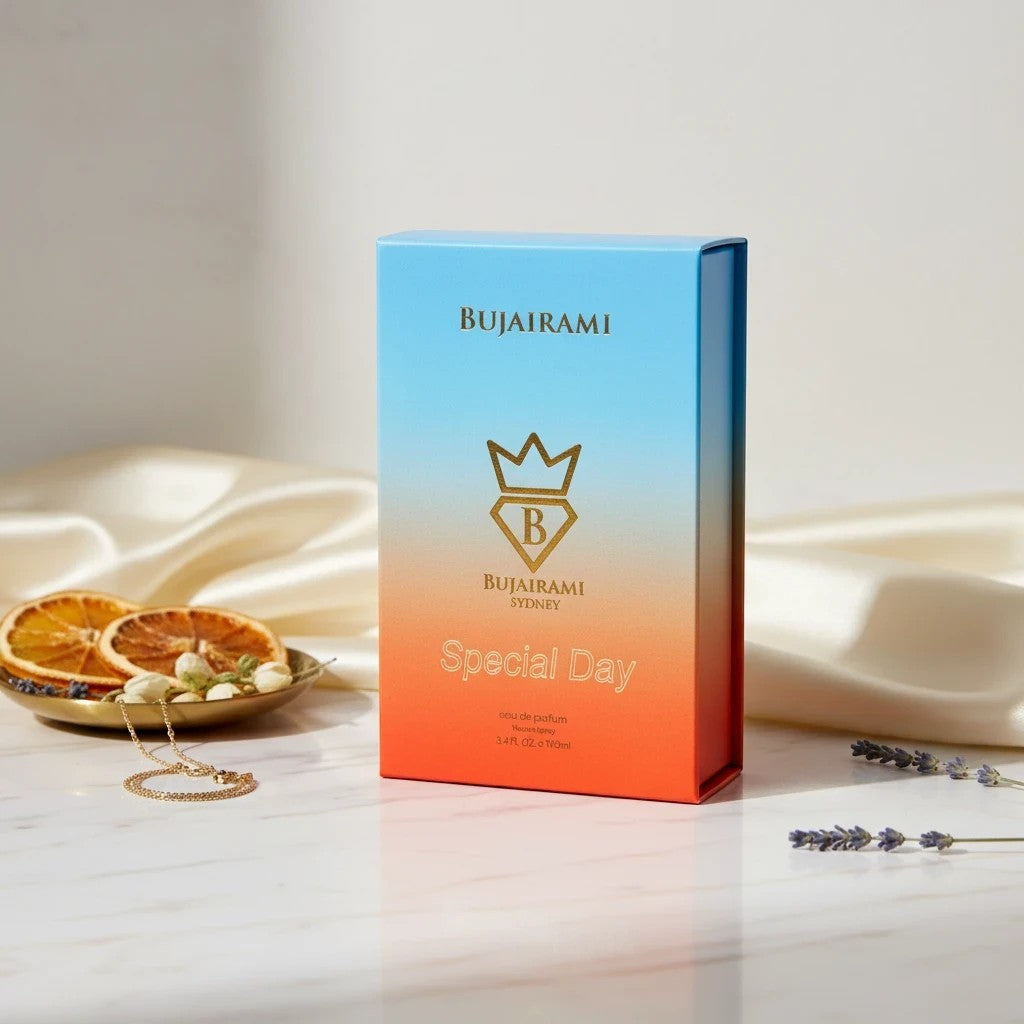Soghaat Special Day Eau de Parfum 100ml bottle with a gradient blue to orange design, featuring gold lettering.