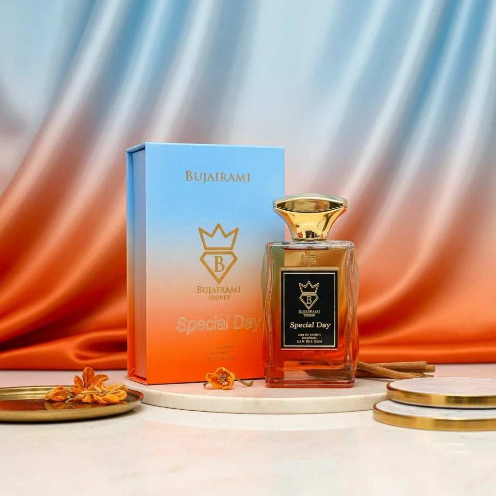 Soghaat Special Day 100ml Eau de Parfum bottle and box, fresh woody aromatic unisex fragrance with champagne, freesia, black currant, nectarine, praline notes.