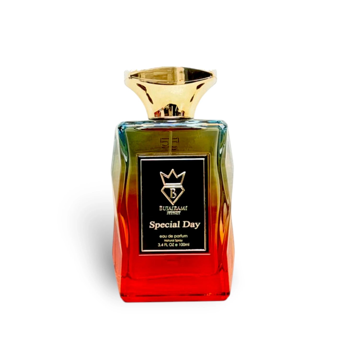 Soghaat Special Day Eau de Parfum 100ml, a fresh woody aromatic unisex fragrance with a gradient red-to-green glass bottle and gold cap.