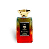 Soghaat Special Day Eau de Parfum 100ml, a fresh woody aromatic unisex fragrance with a gradient red-to-green glass bottle and gold cap.