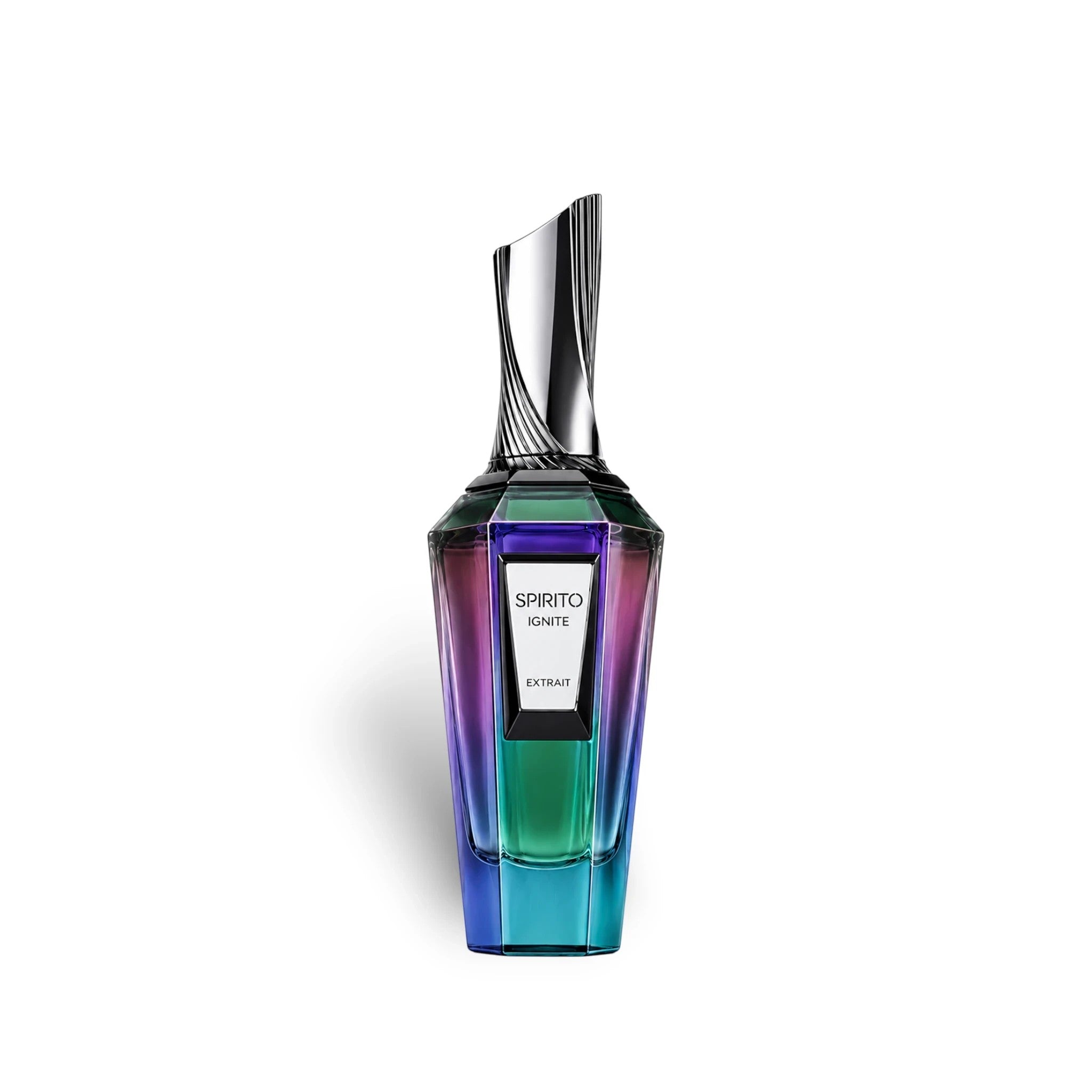 Soghaat French Avenue Spirito Ignite Extrait de Parfum in a sleek, gradient-colored glass bottle with a silver cap.