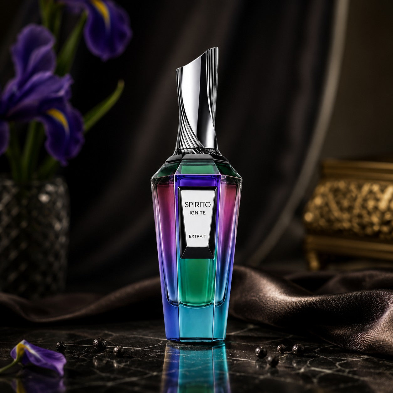 Soghaat Spirito Ignite Extrait de Parfum in a vibrant gradient glass bottle with a metallic silver cap and iris.