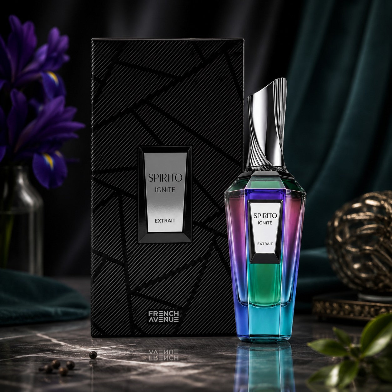 Soghaat French Avenue Spirito Ignite Extrait de Parfum bottle with iridescent glass next to its black geometric box.