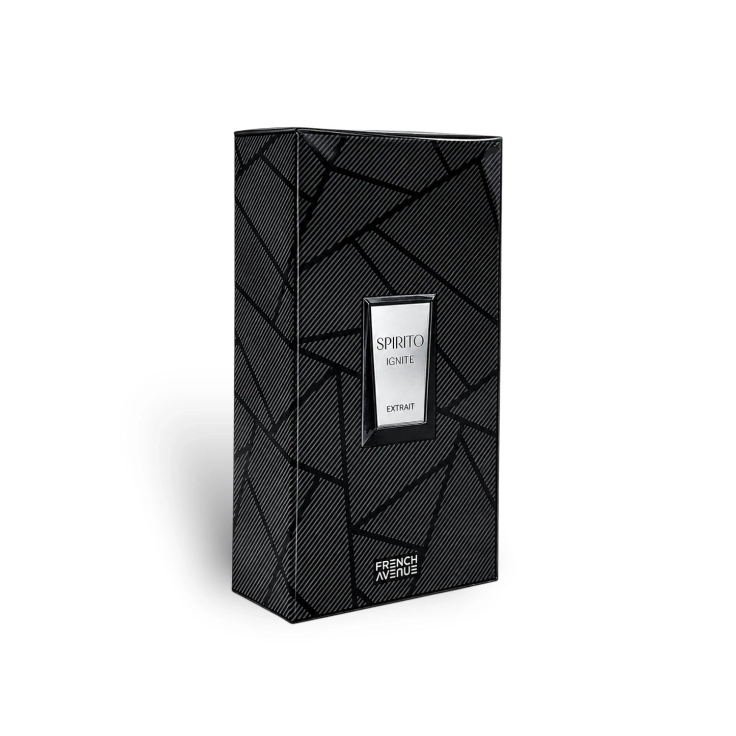 Soghaat Spirito Ignite by French Avenue 100ml Extrait de Parfum in a black geometric patterned box with silver label.