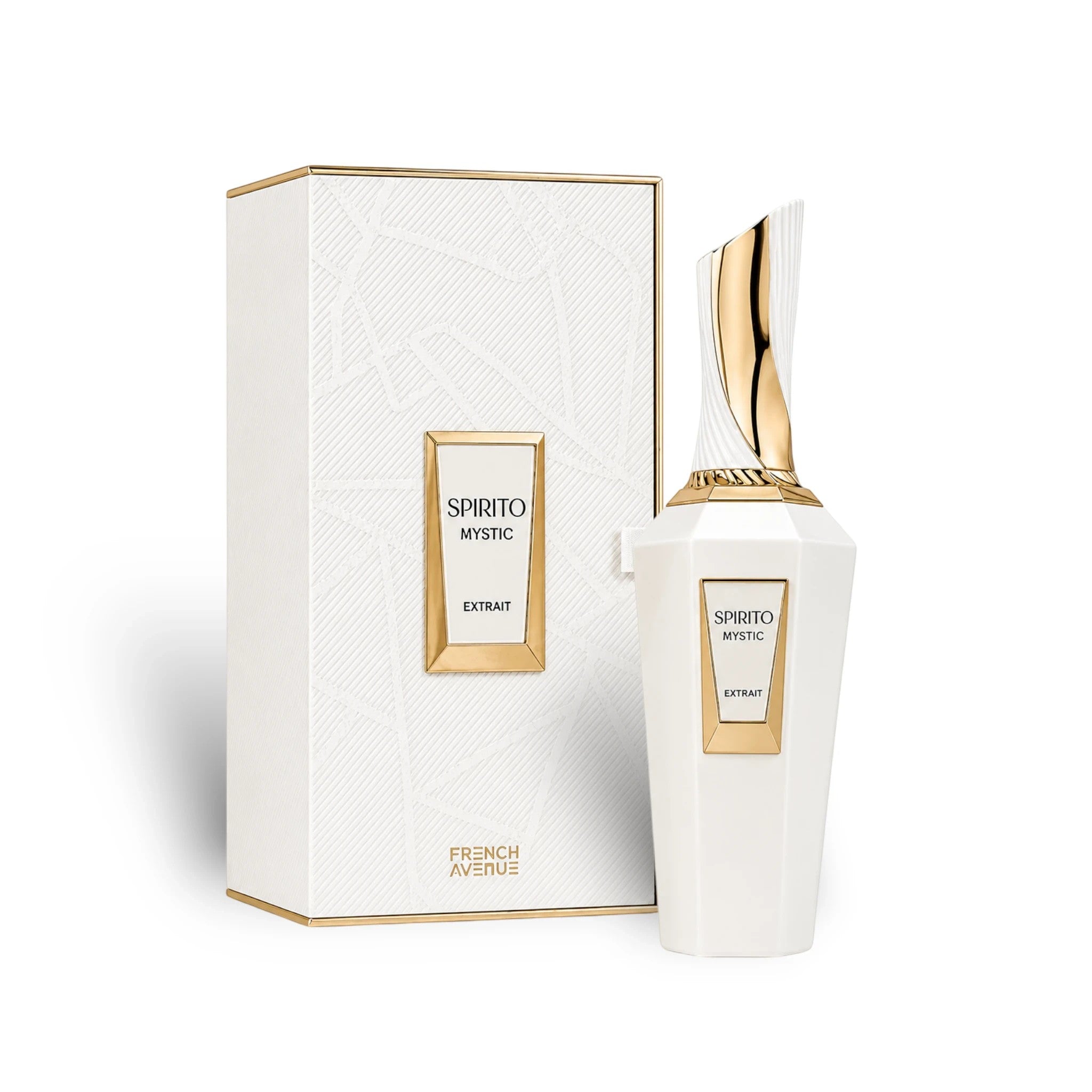 Soghaat Spirito Mystic Extrait de Parfum by French Avenue in a white bottle with gold accents and matching gift box.