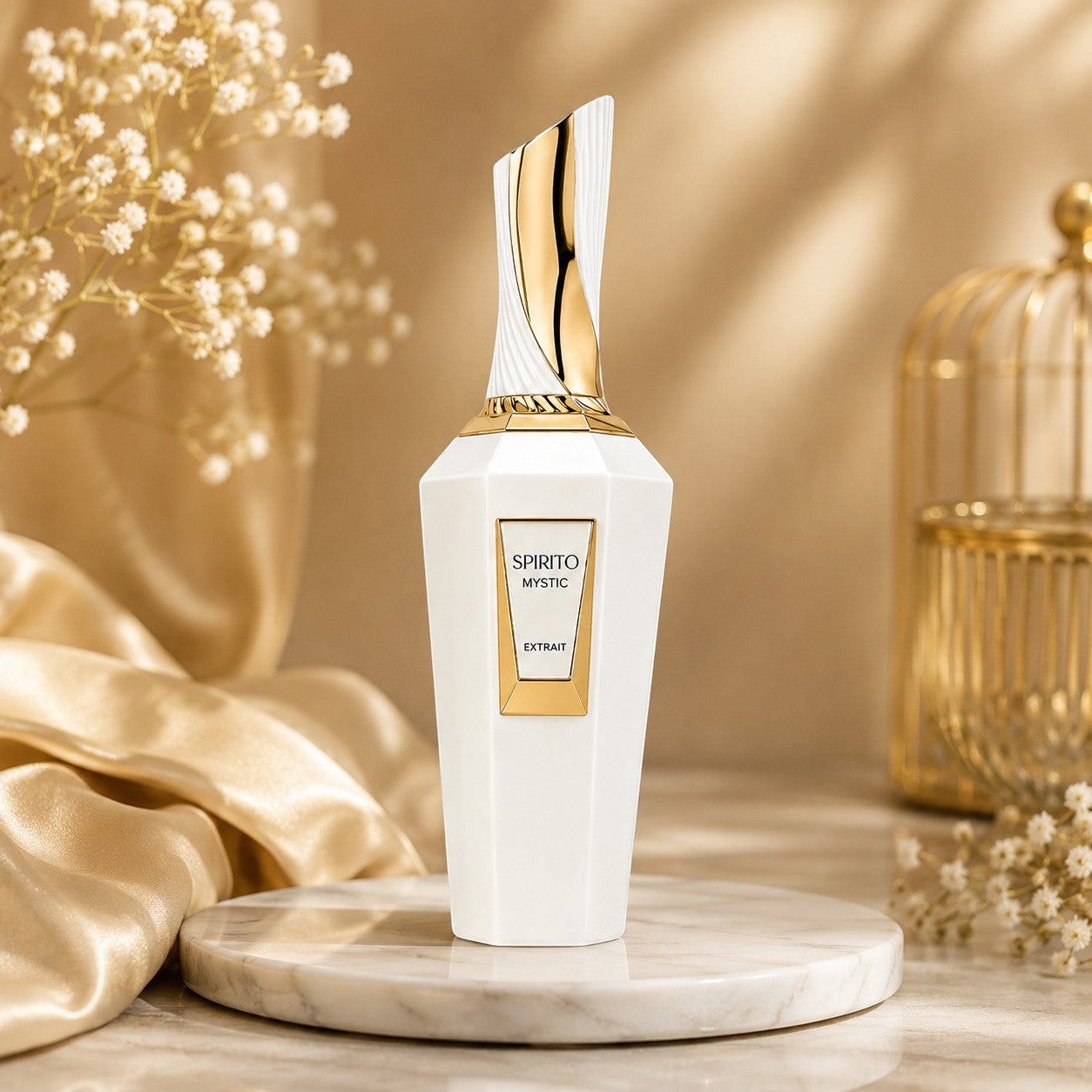 Soghaat French Avenue Spirito Mystic unisex Extrait de Parfum in a white and gold bottle on a marble stand.