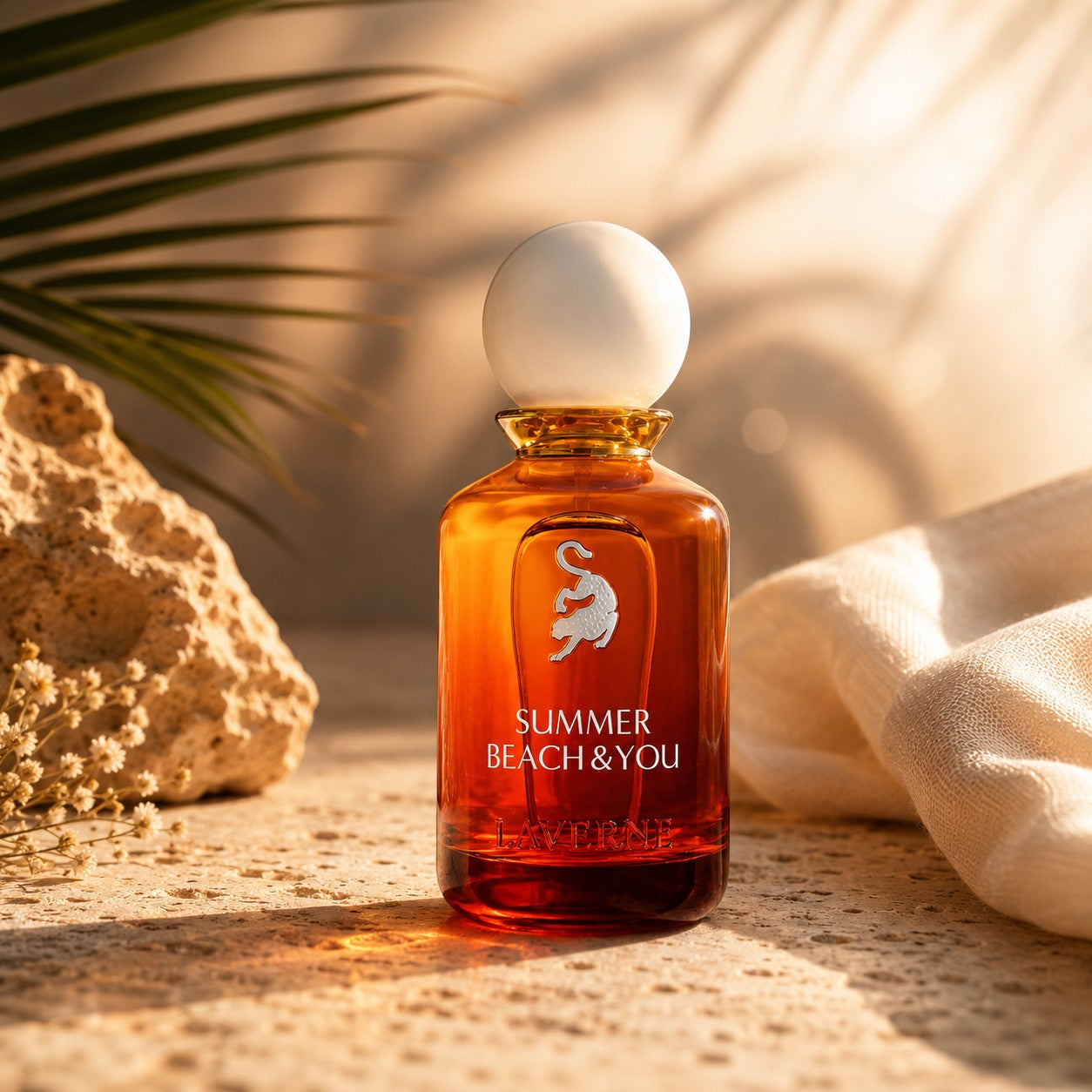 Soghaat Summer Beach & You 100ml Eau de Parfum by Laverne, amber glass bottle with white cap, unisex fragrance.