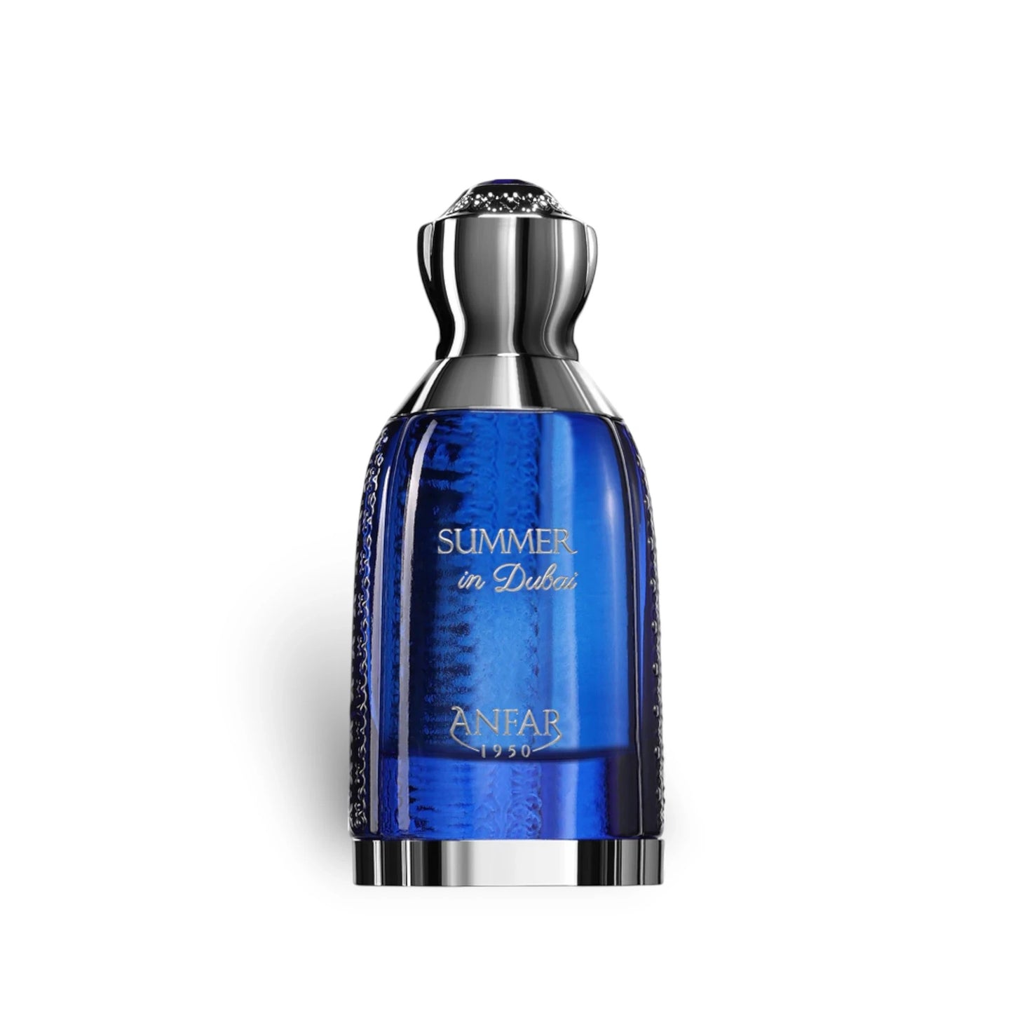 Soghaat Summer in Dubai by Anfar 100ml Extrait de Parfum in a sleek blue glass bottle with a silver cap.