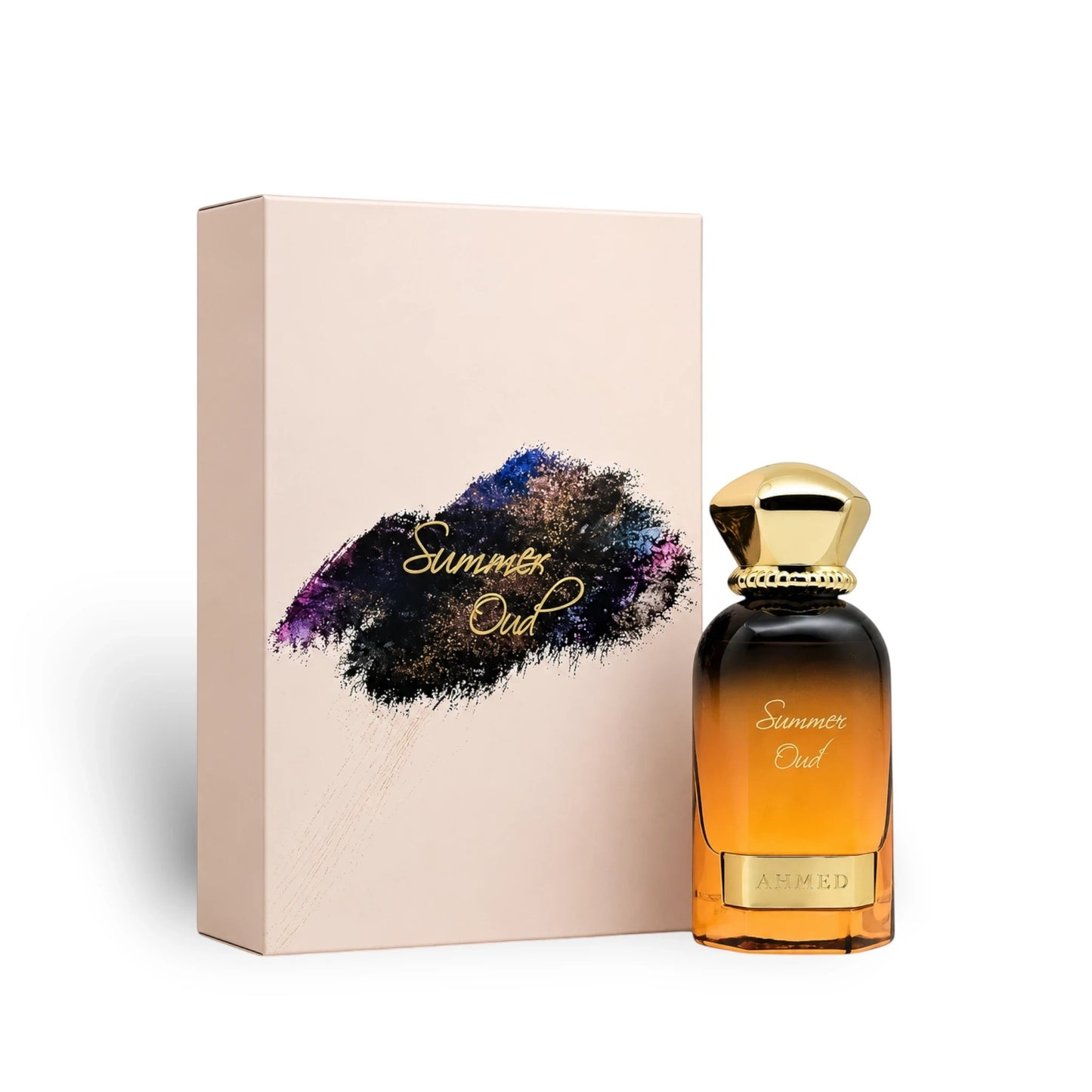 Soghaat Summer Oud Eau de Parfum by Ahmed Al Maghribi in a gradient amber bottle with gold cap and matching gift box.