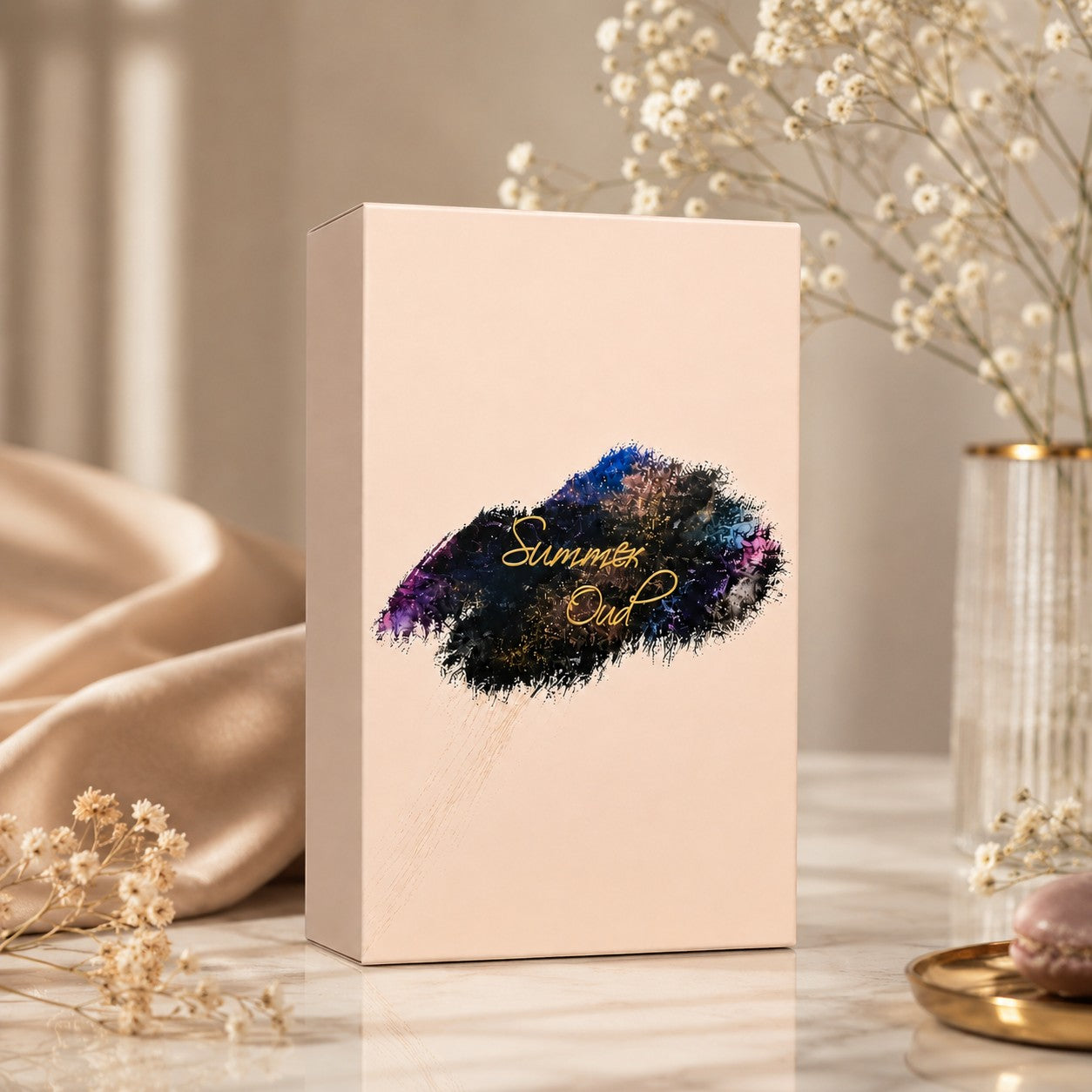 Soghaat Ahmed Al Maghribi Summer Oud 60ml Eau de Parfum box with artistic brushstroke design on a neutral background.
