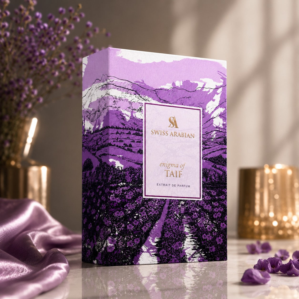 Soghaat Swiss Arabian Enigma of Taif Extrait de Parfum box featuring purple floral landscape art on a marble surface.
