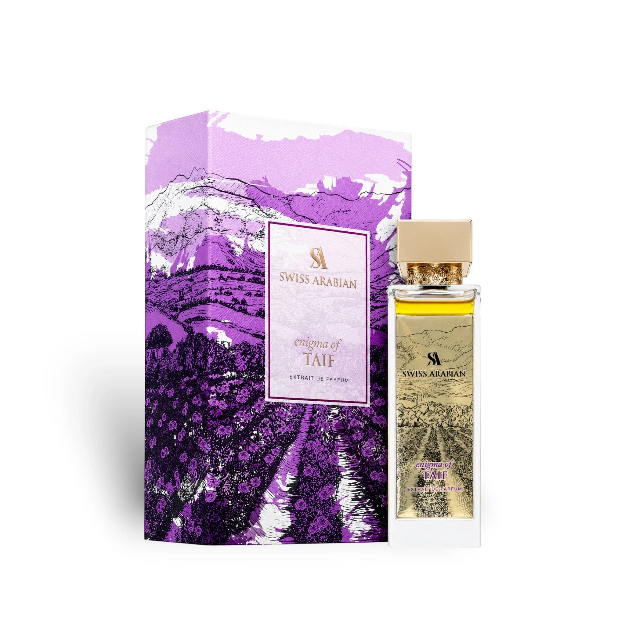Soghaat Swiss Arabian Enigma of Taif Extrait de Parfum bottle and purple illustrated box featuring Taif mountain scenery.