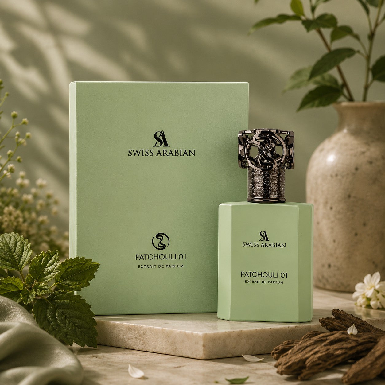 Soghaat Swiss Arabian Patchouli 01 Extrait de Parfum bottle and box in a soft green setting with botanical accents.