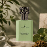 Soghaat Swiss Arabian Patchouli 01 50ml Extrait de Parfum in a light green bottle with a dark ornate cap.