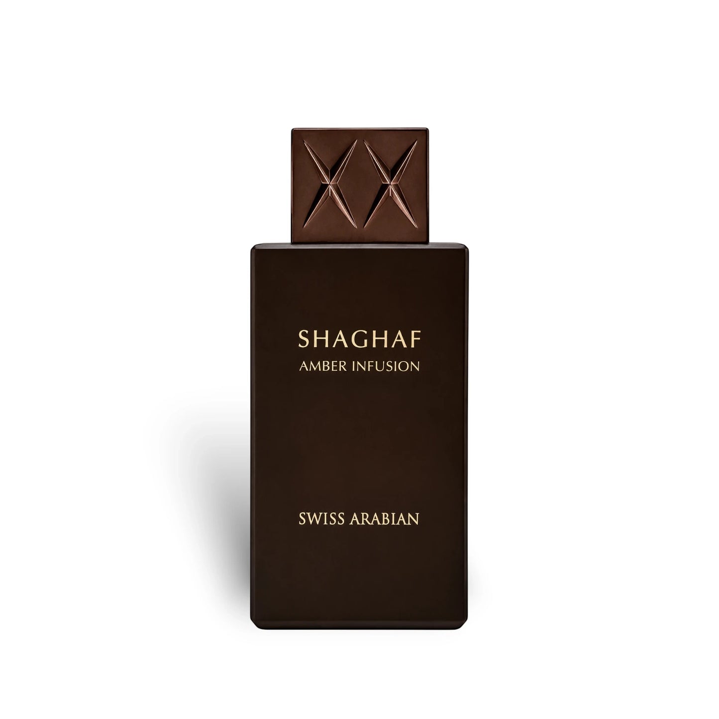 Soghaat Swiss Arabian Shaghaf Amber Infusion Eau de Parfum in a sleek dark brown rectangular bottle with a square cap.