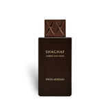Soghaat Swiss Arabian Shaghaf Amber Infusion Eau de Parfum in a sleek dark brown rectangular bottle with a square cap.