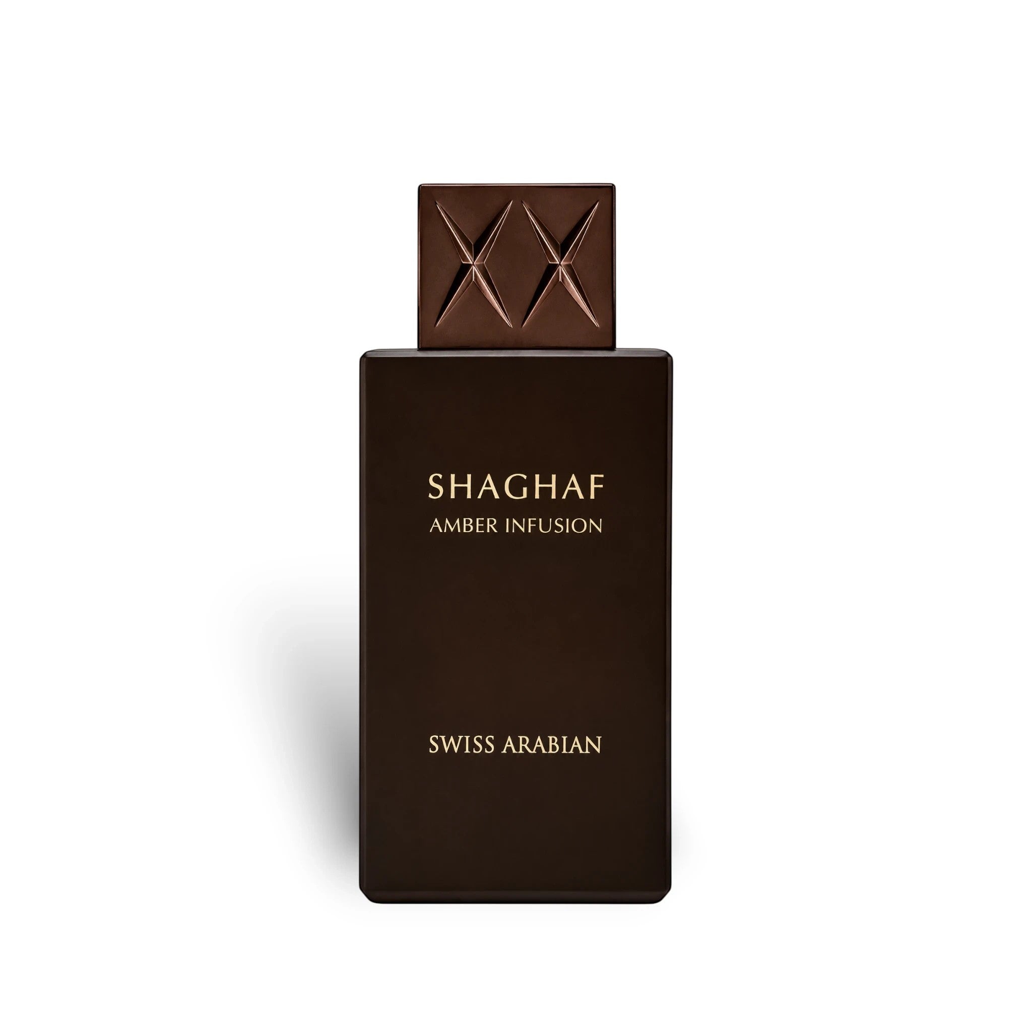 Soghaat Swiss Arabian Shaghaf Amber Infusion Eau de Parfum in a sleek dark brown rectangular bottle with a square cap.