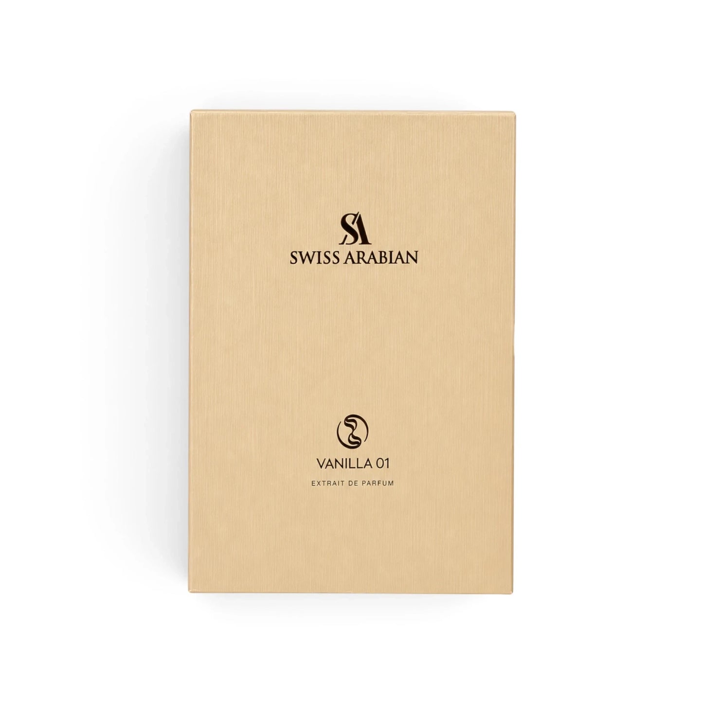 Soghaat Swiss Arabian Vanilla 01 Extrait de Parfum in a sleek, brushed gold rectangular fragrance box.