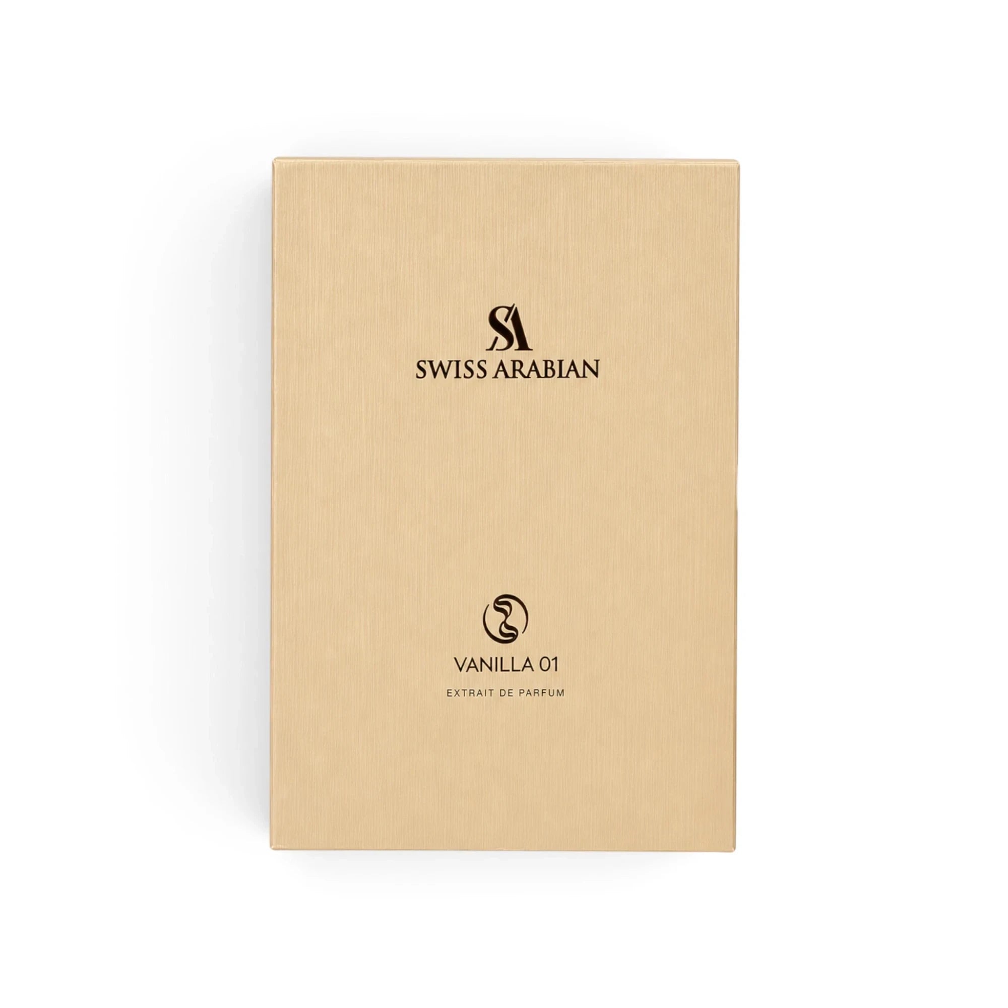 Soghaat Swiss Arabian Vanilla 01 Extrait de Parfum in a sleek, brushed gold rectangular fragrance box.