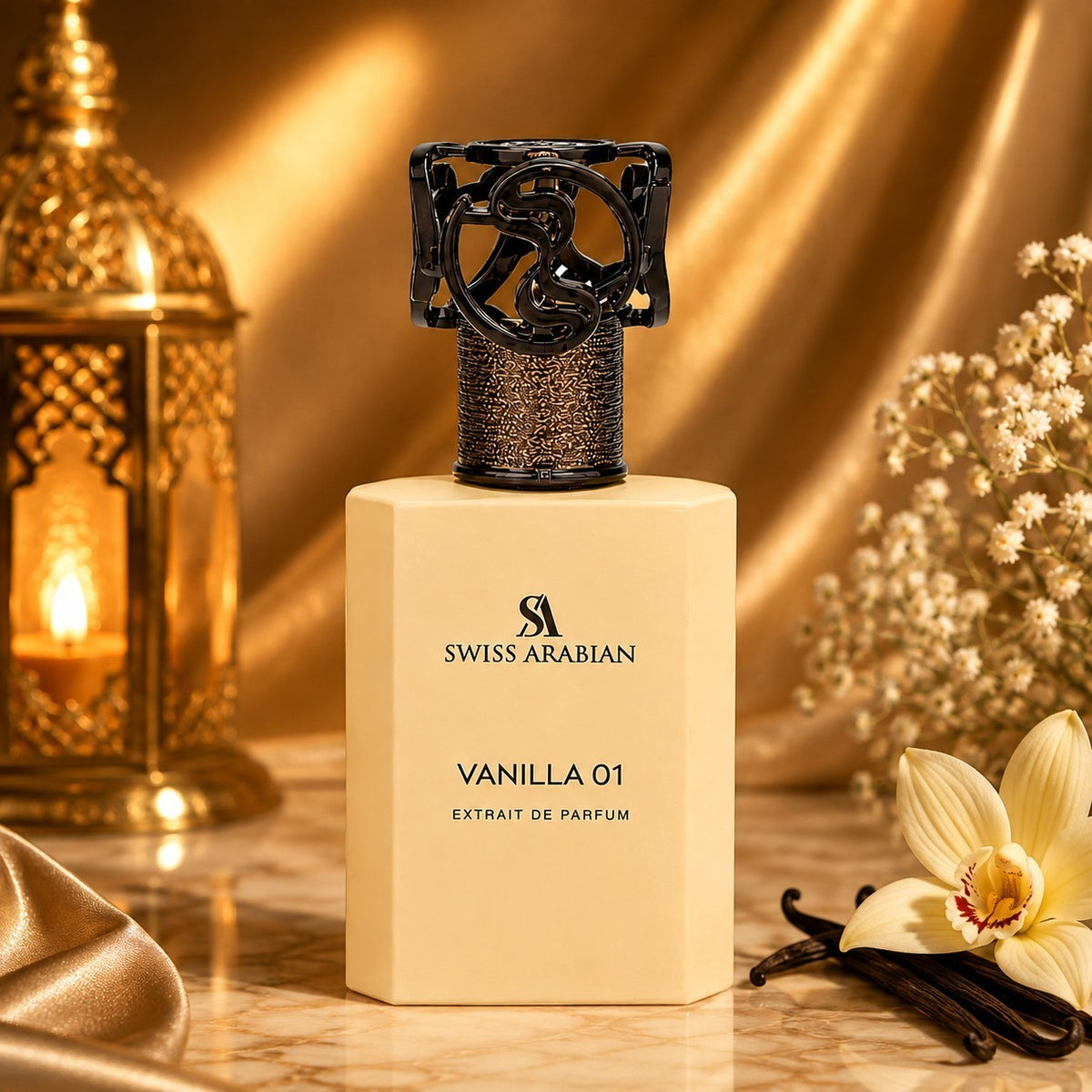Soghaat Swiss Arabian Vanilla 01 Extrait de Parfum bottle on a marble surface with gold fabric and vanilla flowers.