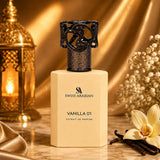 Soghaat Swiss Arabian Vanilla 01 Extrait de Parfum bottle on a marble surface with gold fabric and vanilla flowers.