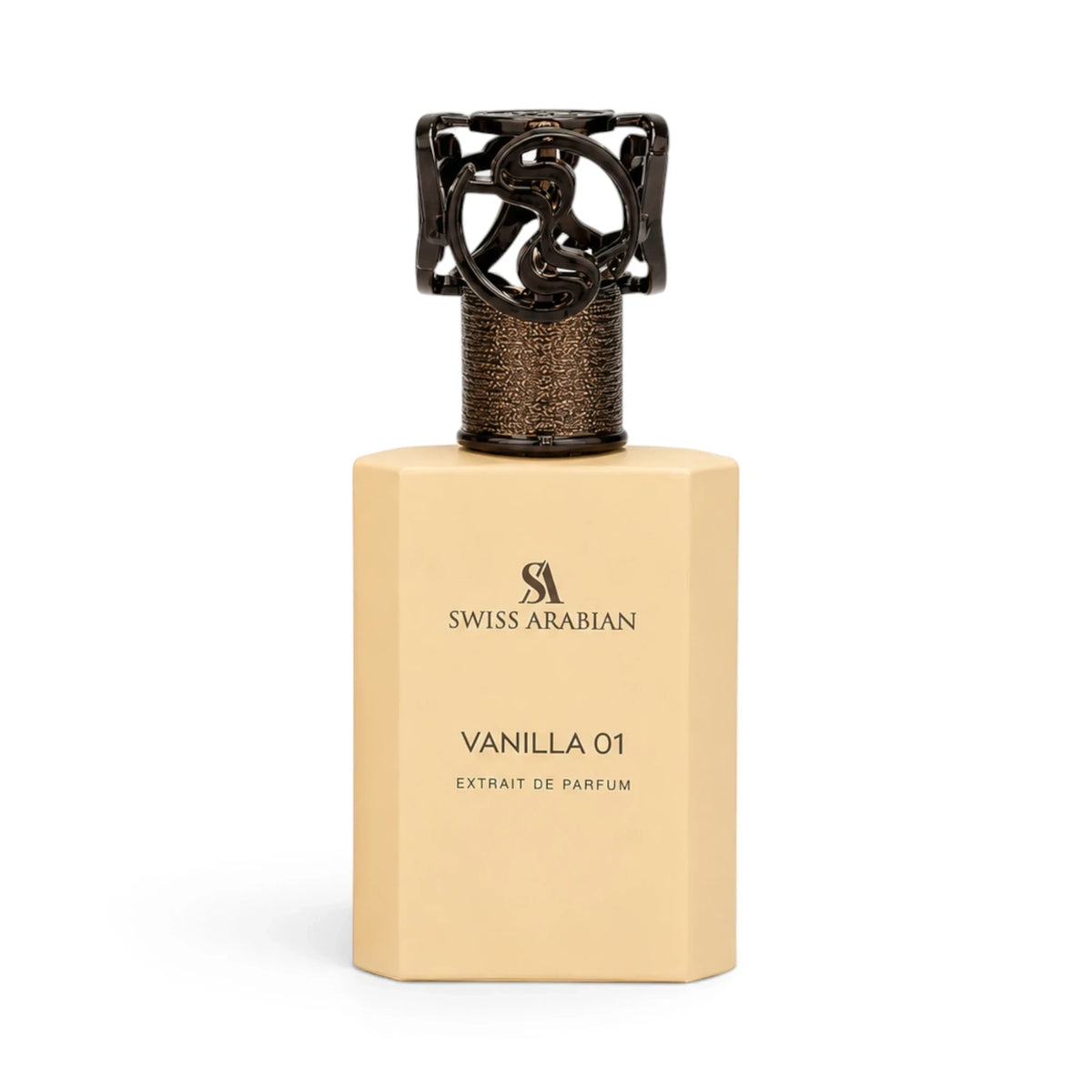 Soghaat Swiss Arabian Vanilla 01 Extrait de Parfum in a beige bottle with a decorative dark metal cap.