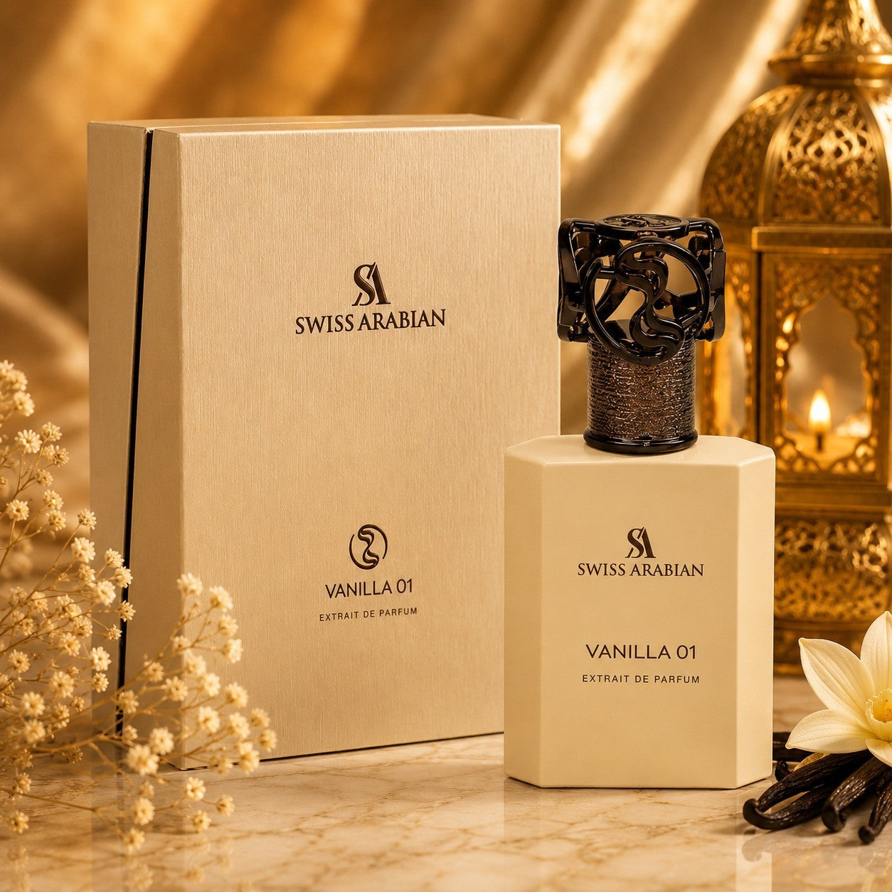 Soghaat Swiss Arabian Vanilla 01 Extrait de Parfum bottle and box with vanilla pods and lantern on marble surface