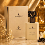Soghaat Swiss Arabian Vanilla 01 Extrait de Parfum bottle and box with vanilla pods and lantern on marble surface