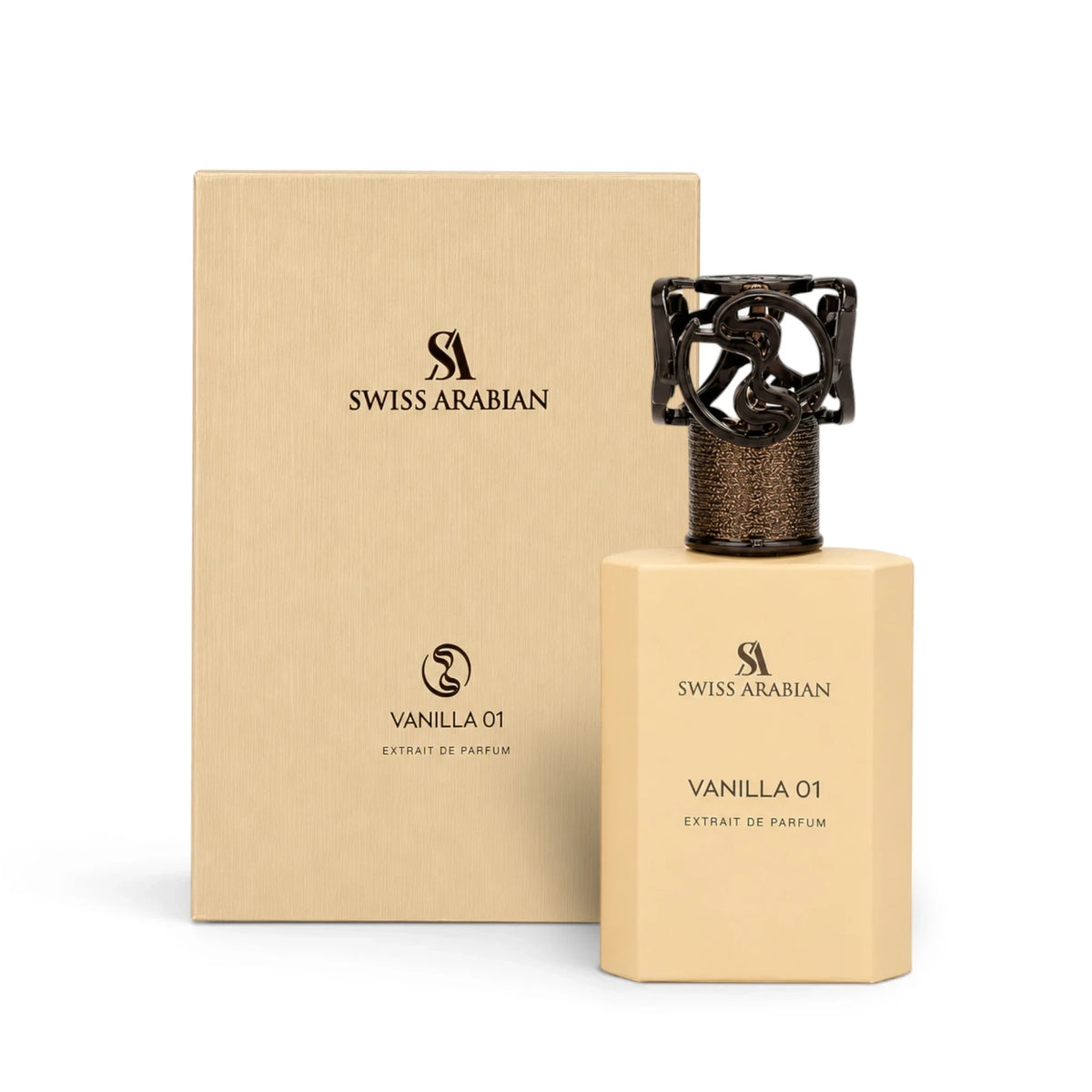 Soghaat Swiss Arabian Vanilla 01 Extrait de Parfum bottle and beige presentation box on a white background.