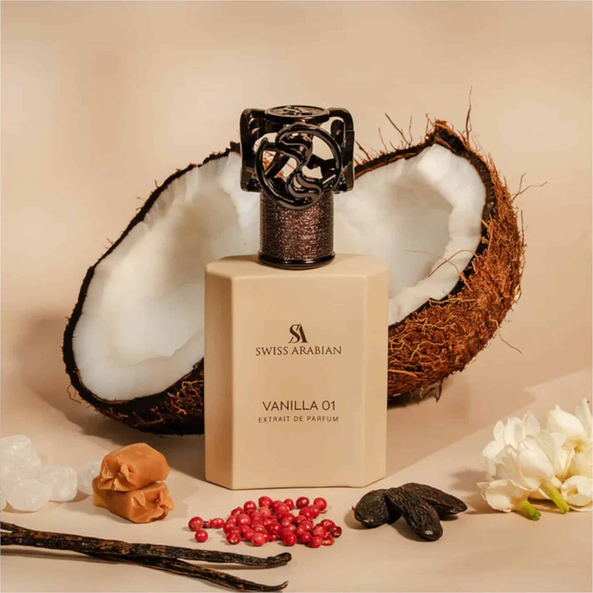 Soghaat Swiss Arabian Vanilla 01 Extrait de Parfum bottle surrounded by coconut, pink pepper, caramel, and vanilla beans.