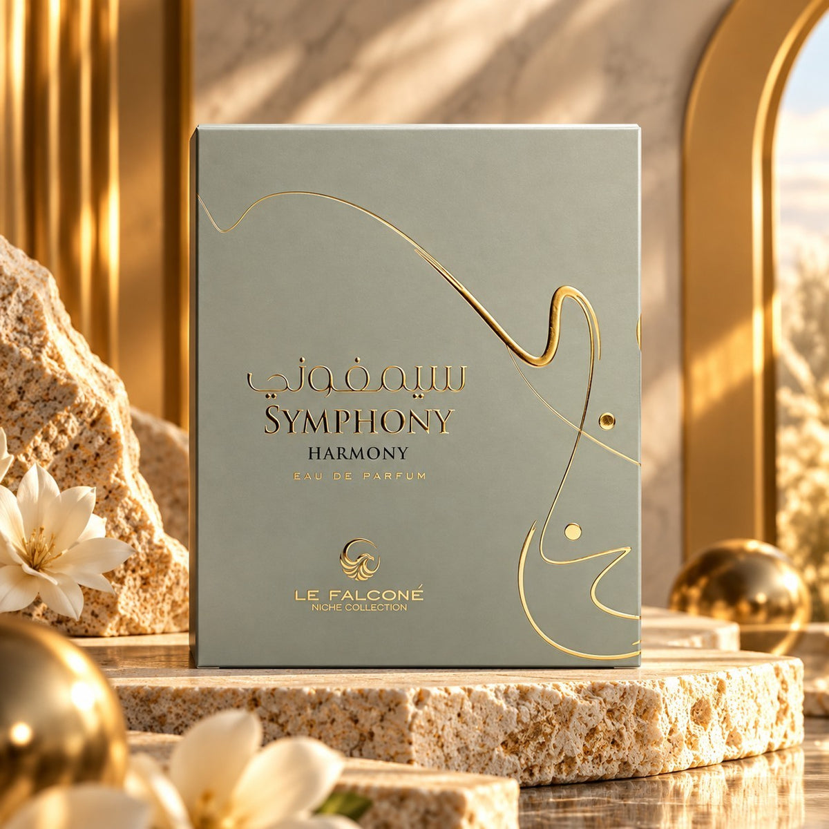 Soghaat Symphony Harmony 100ml Eau de Parfum by Le Falcone in a sage green box with elegant gold calligraphy.