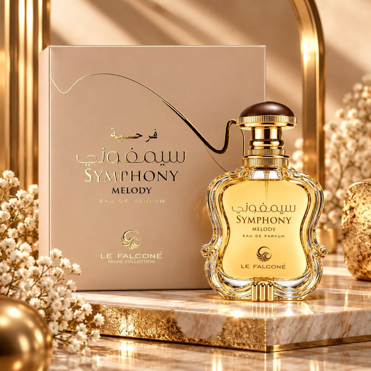 Soghaat Le Falcone Symphony Melody 100ml Eau de Parfum bottle and box with gold accents on a marble surface.