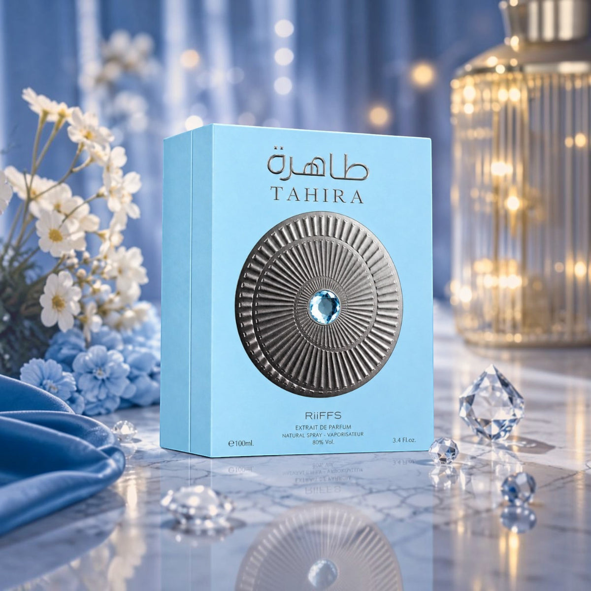 Soghaat Tahira by Riiffs 100ml Extrait de Parfum in a light blue box with a decorative metallic circular emblem.