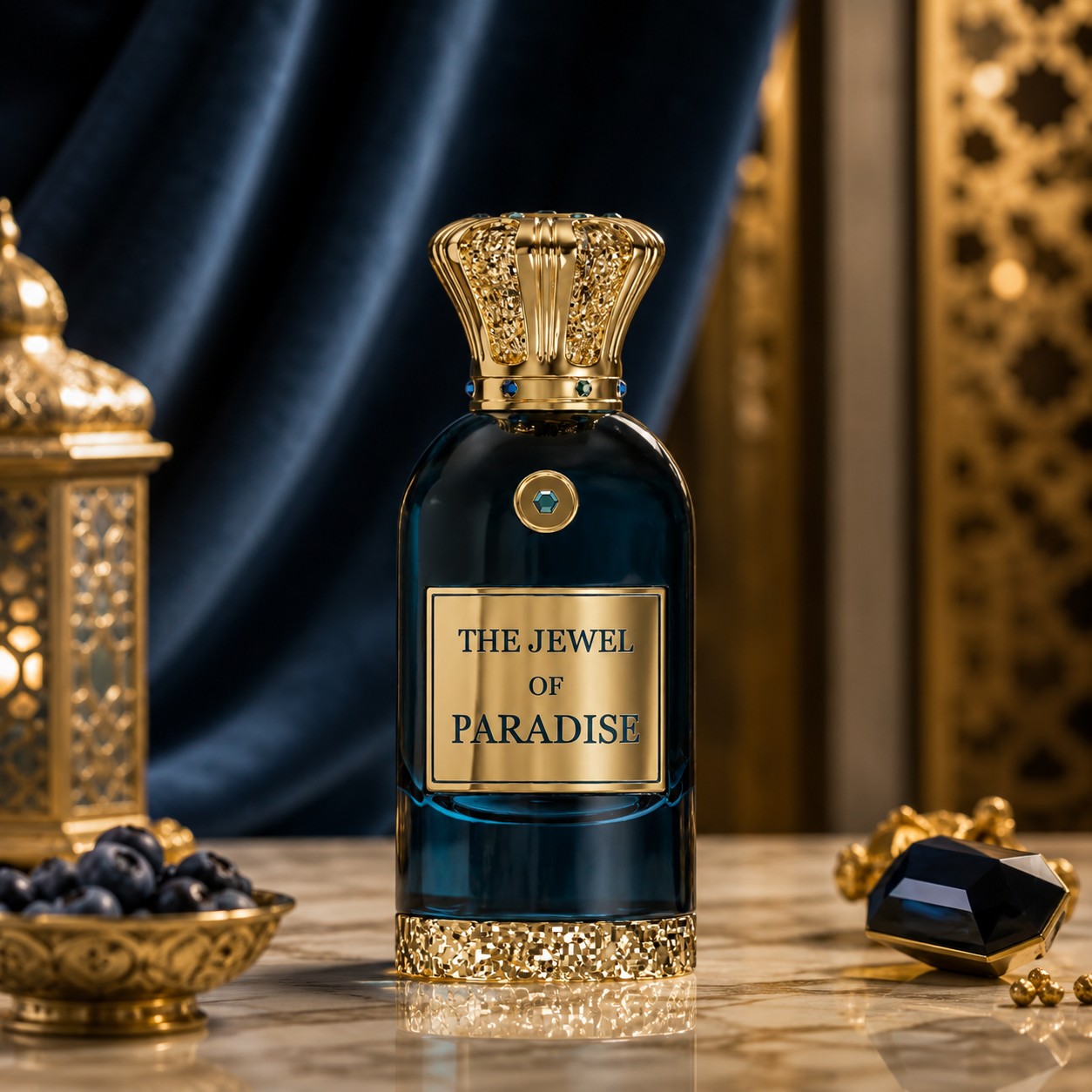 Soghaat The Jewel of Paradise by Anfar London perfume bottle in deep blue glass with ornate gold crown cap on marble.