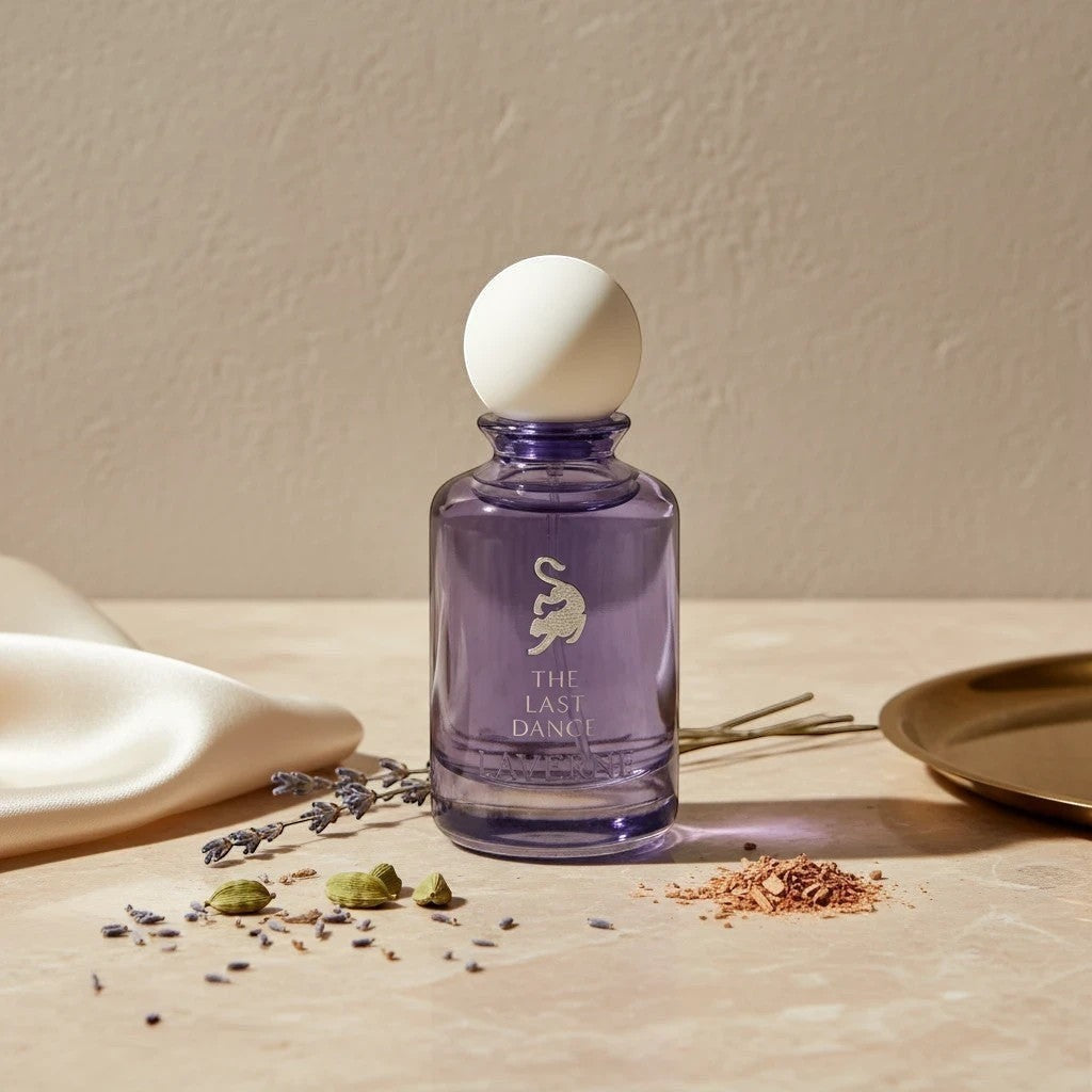 Soghaat The Last Dance Eau de Parfum 100ml, purple glass bottle with white spherical cap, fresh woody aromatic scent.
