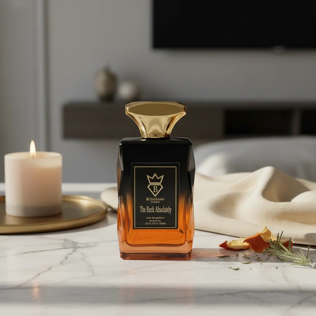Soghaat The Rock Absolutely 100ml Eau de Parfum for men, fresh woody aromatic with amber gradient bottle and gold cap.