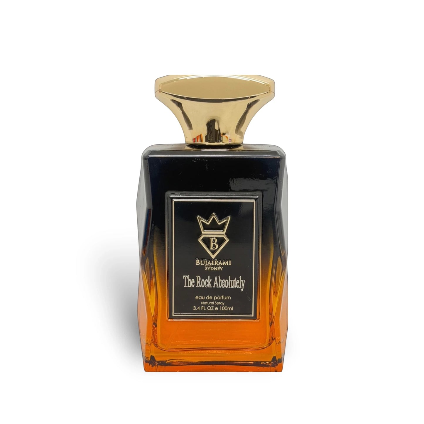 Soghaat The Rock Absolutely 100ml Eau de Parfum for men, a fresh woody aromatic fragrance with a gradient black to orange glass bottle and gold cap.