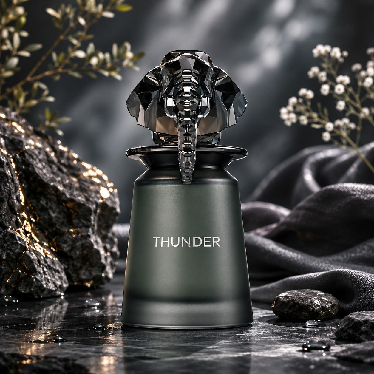 Soghaat Thunder 100ml Extrait de Parfum for men, sweet amber gourmand fragrance with elephant-shaped crystal cap.