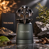 Soghaat Thunder 100ml Extrait de Parfum for men, a sweet amber gourmand fragrance with an elephant-shaped cap.