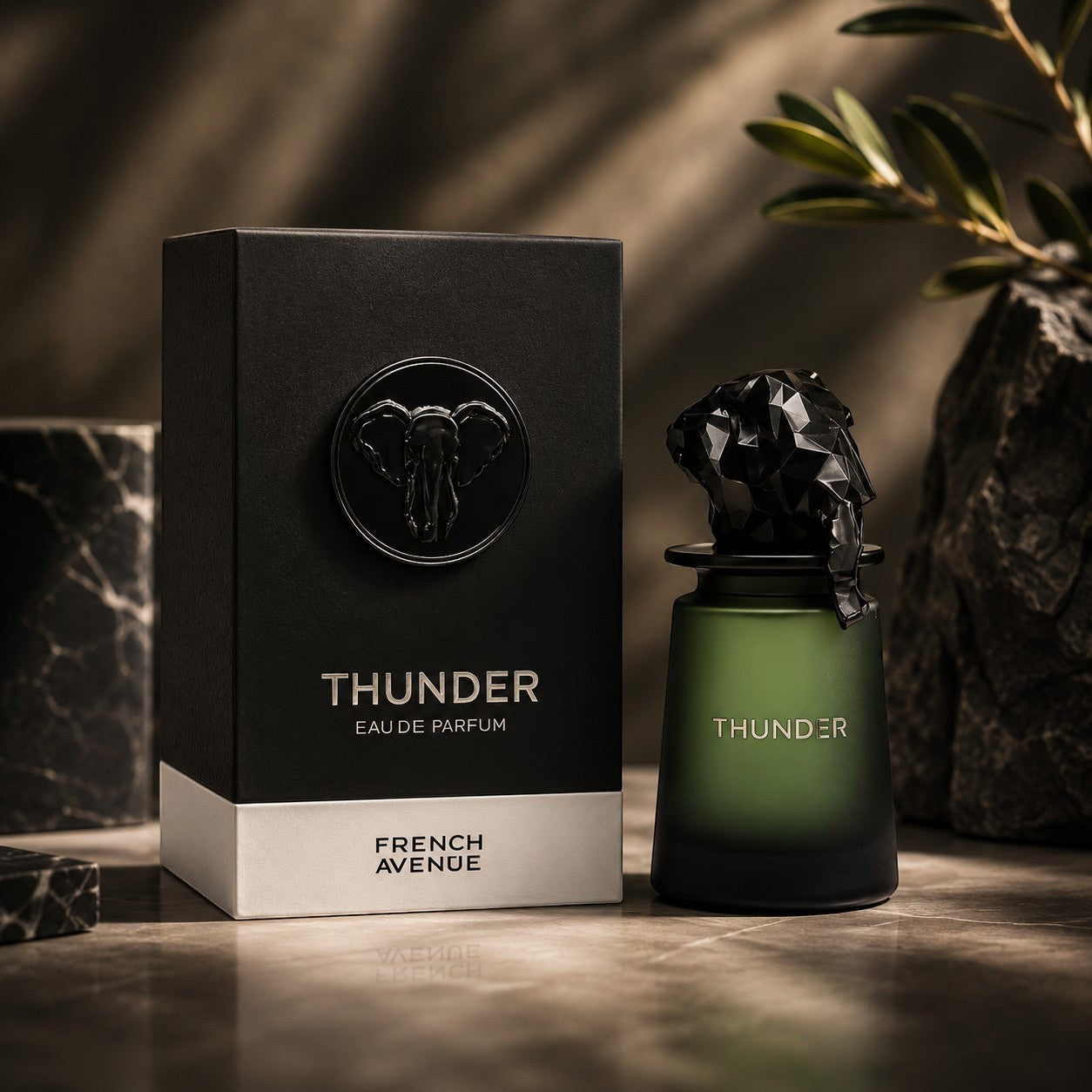 Soghaat Thunder 100ml Extrait de Parfum for men, sweet amber gourmand fragrance with a unique elephant emblem on the box.