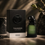 Soghaat Thunder 100ml Extrait de Parfum for men, sweet amber gourmand fragrance with a unique elephant emblem on the box.