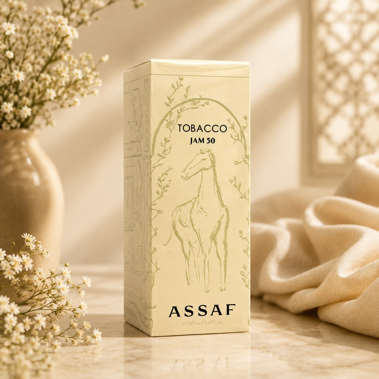 Soghaat Tobacco Jam 50 Extrait de Parfum box with a horse illustration, beige packaging, woody-spicy fragrance