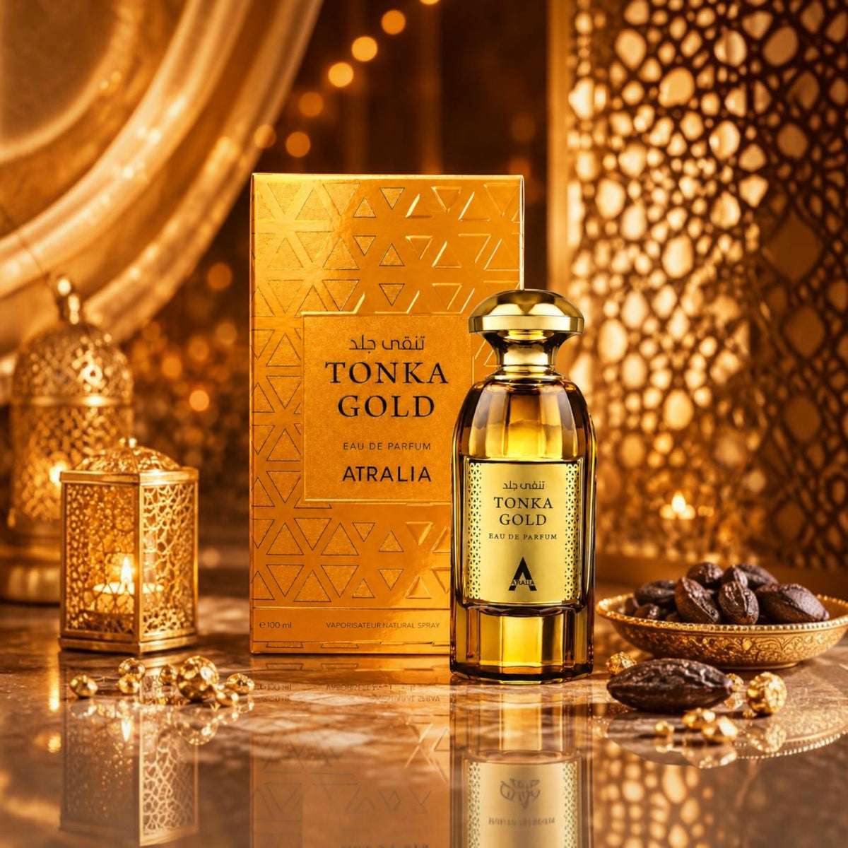Soghaat Tonka Gold by Atralia 100ml Eau de Parfum bottle and gold box with warm Arabian-style lantern decor.