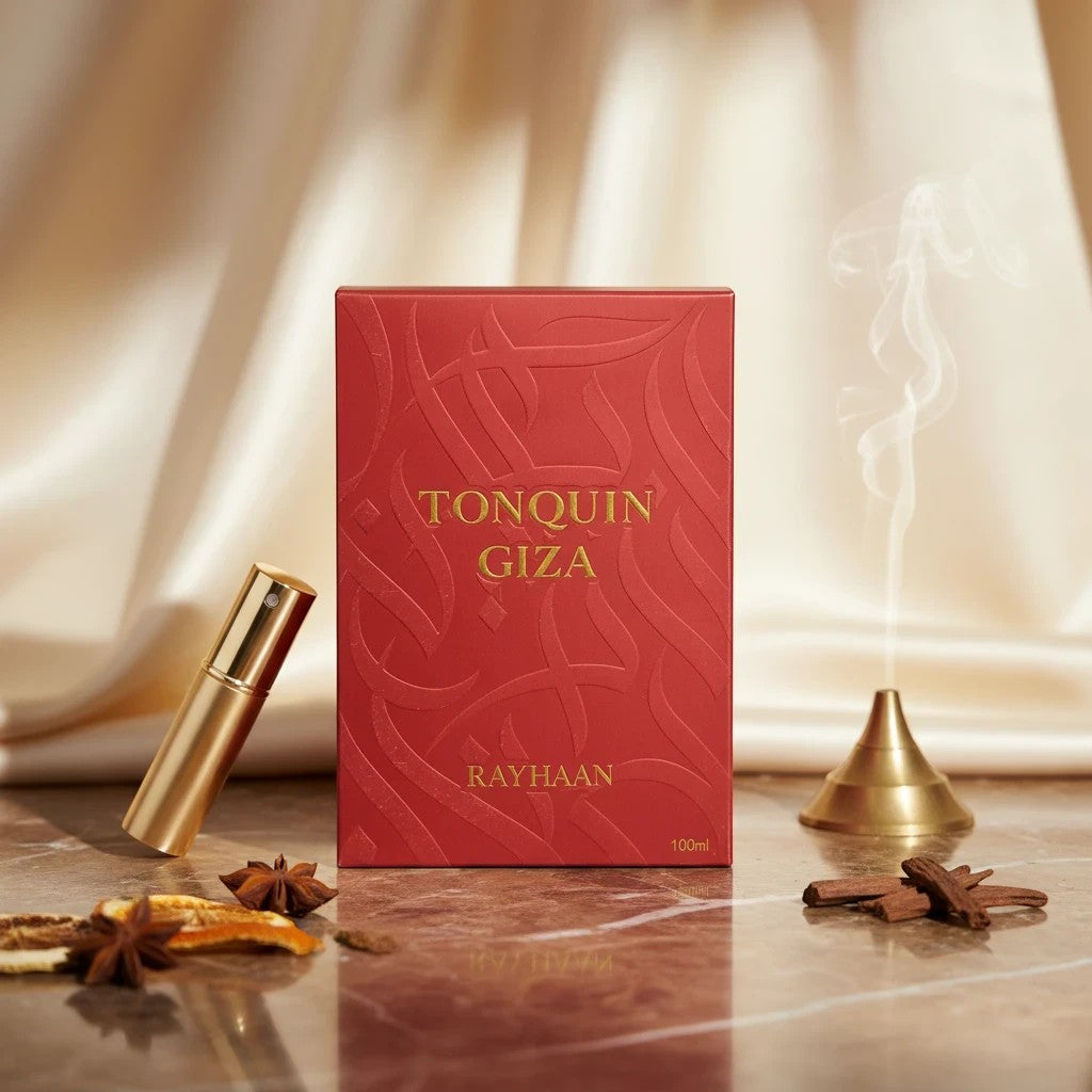 Soghaat Tonquin Giza 100ml Eau de Parfum, a unisex sweet amber gourmand fragrance with vanilla, almond, tonka bean, amber, leather, and cocoa notes.