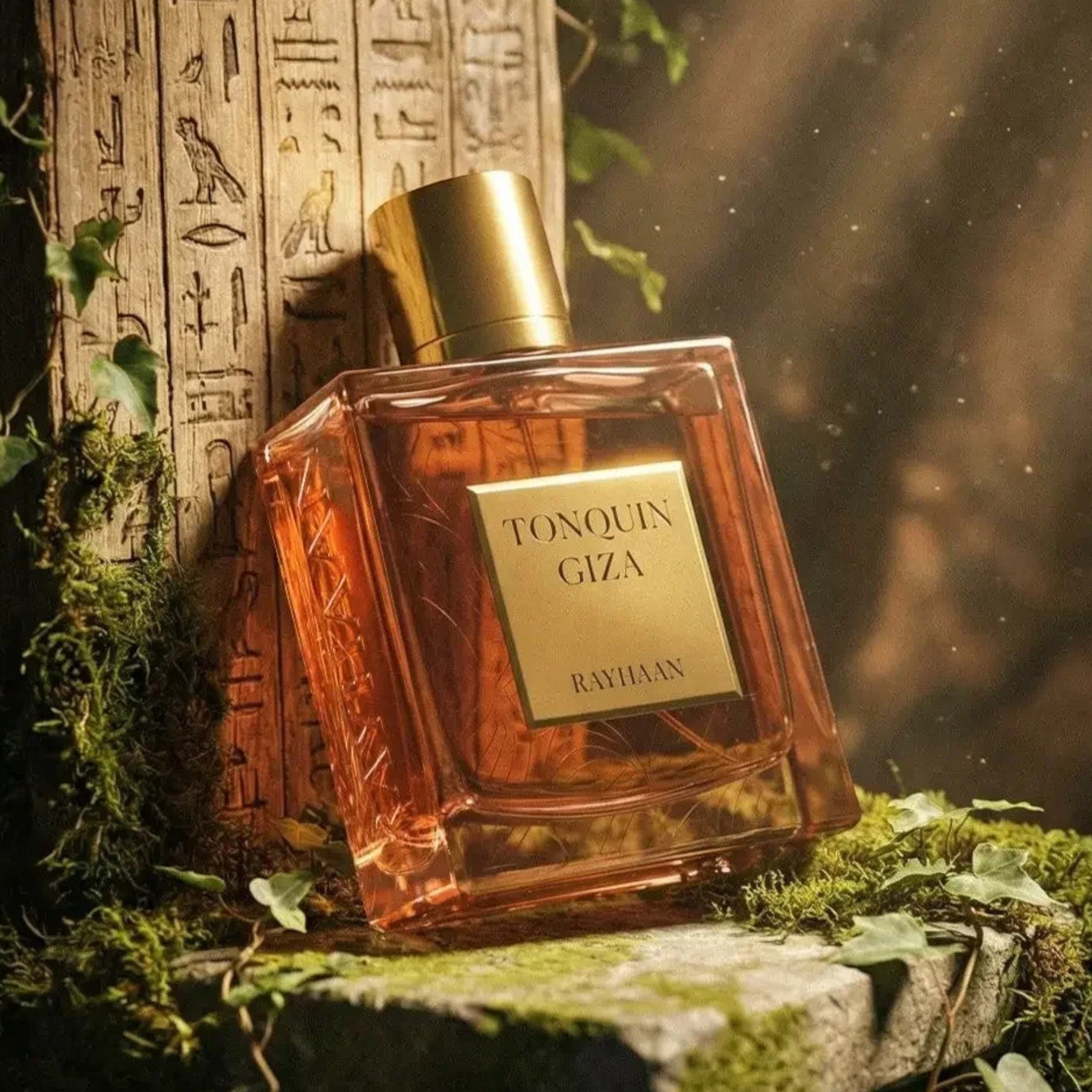 Tonquin Giza 100ml Eau de Parfum by Rayhaan, a warm gourmand amber fragrance with vanilla, almond, tonka bean, cocoa, amber and leather notes.
