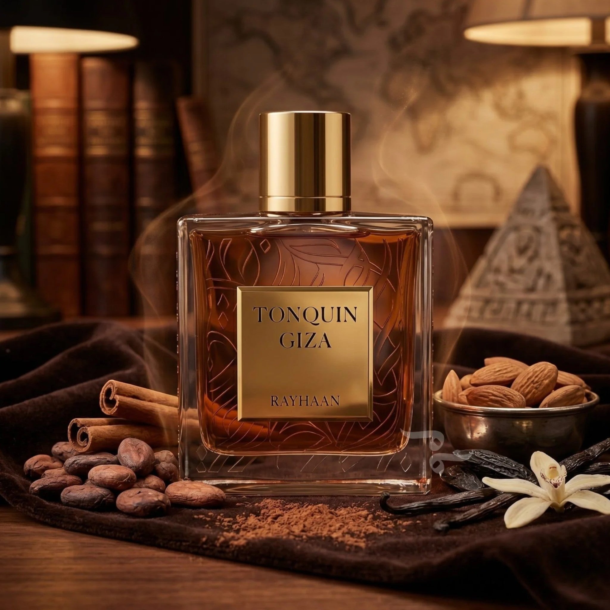 Soghaat Tonquin Giza Eau de Parfum bottle with gold cap, featuring notes of vanilla, almond, cocoa, and leather.