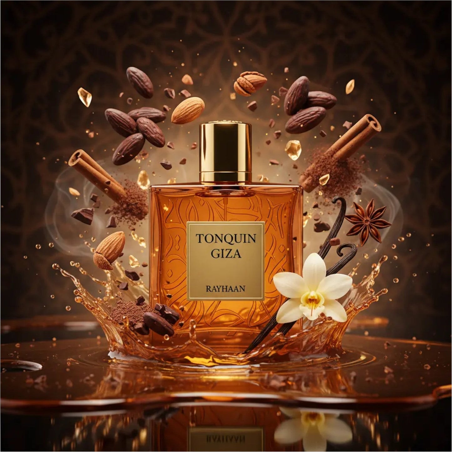 Soghaat Tonquin Giza Eau de Parfum: Amber glass bottle with gold cap, surrounded by almonds, cocoa, cinnamon, and vanilla.