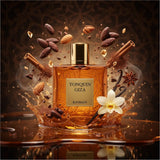 Soghaat Tonquin Giza Eau de Parfum: Amber glass bottle with gold cap, surrounded by almonds, cocoa, cinnamon, and vanilla.